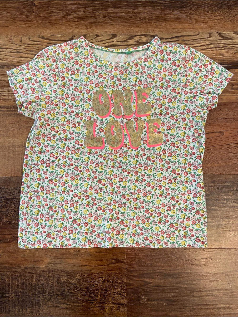Mini Boden White Floral 'ONE LOVE' Short Sleeve Tee with Pink & Green